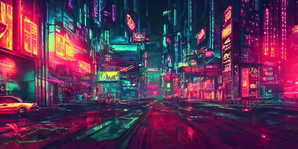 Image similar to Hyper detailed digital art of a cyberpunk city, neon lights, nighttime, 4k, ultra realistic, view from the streets