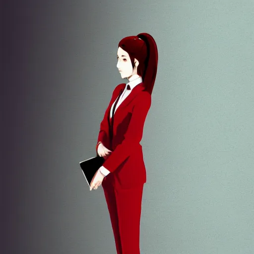 Prompt: a woman in a red business suit, she is holding a black briefcase, she is looking at us, anime art, digital painting, smooth, hd, realist