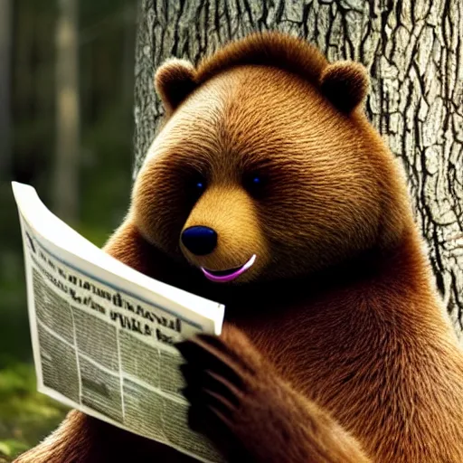 Prompt: UHD canndid photo of Yogi Bear squatting on a toilet in the woods, reading a newspaper, by Annie leibowitz, photorealisitc ,detailed