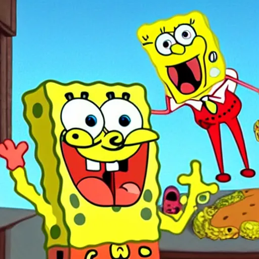 Prompt: spongebob and patrick eating food