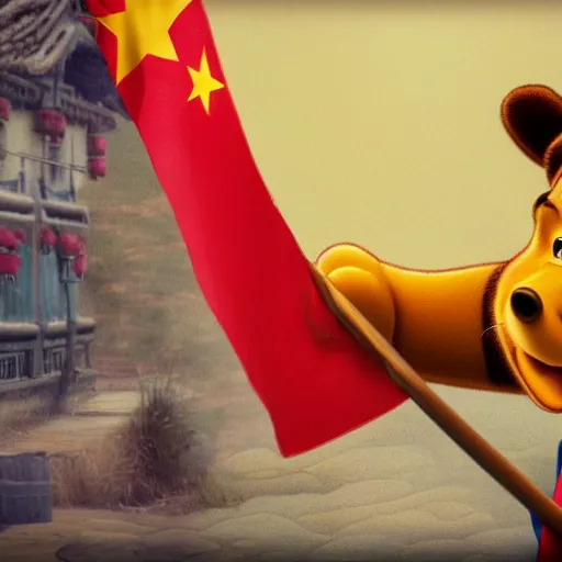 Image similar to hyperrealistic, hdr, 4 k, 8 k, photograph, cinematic lighting, moody overtones, drawing of winnie the pooh in china, with a chinese flag behind him