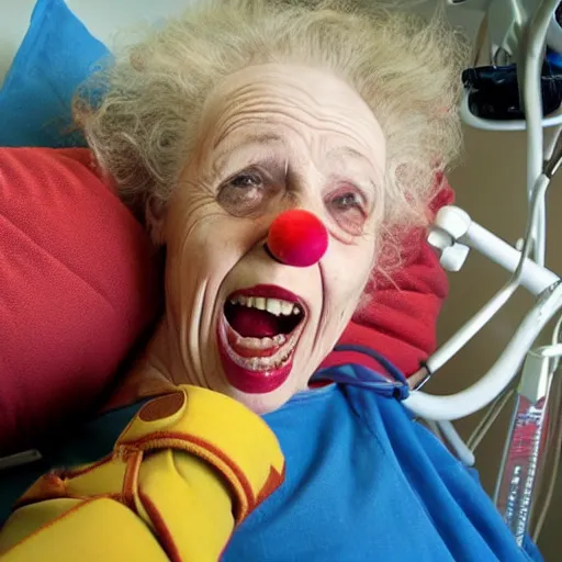 Image similar to crazy old lady clown with wrist restraints in hospital bed