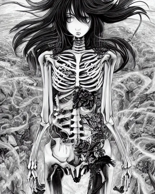 Image similar to skeleton cat girl with open skeleton ribs, wearing only lingering, black and white full shot, ambient, focused, art by ayami kojima, makoto shinkai, killian eng