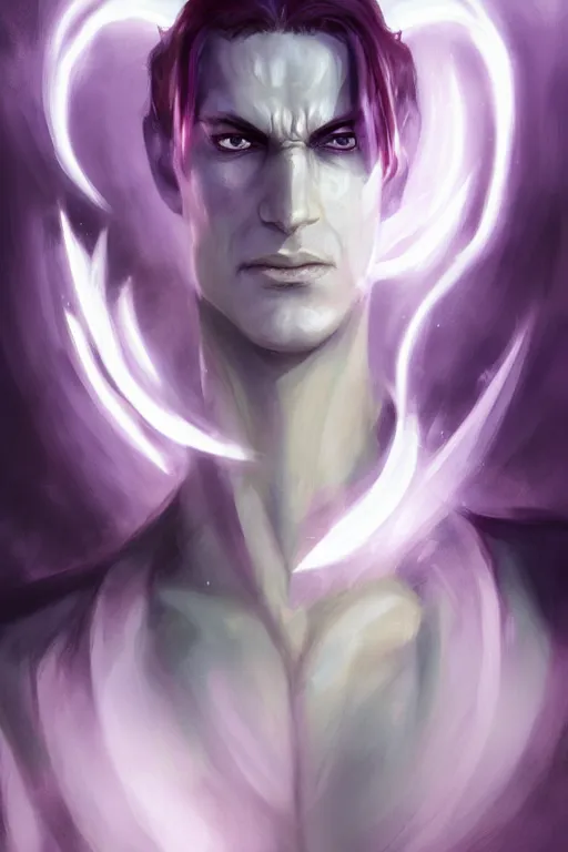 Prompt: djinn man male demon, portrait, full body character, concept art, purple cloak, single face, illustration, white spiral horns, single face, cinematic color grading, editorial photo, fashion, hyperrealism, trending on artstation, Charlie Bowater, WLOP