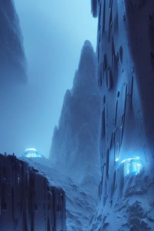 Prompt: futuristic atmosphere in the snowy mountains dolomites 3 d concept art, neon lights, cinematic lighting, rule of thirds, depth of field, intricate details, building by zaha hadid, stormy weather, emissary space by arthur haas and bruce pennington and john schoenherr, cinematic matte painting, dark moody colors, trending on artstation, featured on behance