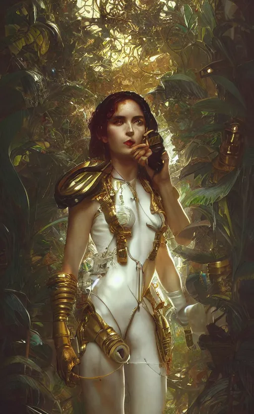 Image similar to hyper realistic time machine, cyberpunk, design on white background, beautiful details, lush foliage cyberpunk, gold, drawn by john singer sargent, tom bagshaw, norman rockwell, alphonso mucha, lolish, trending on artstation