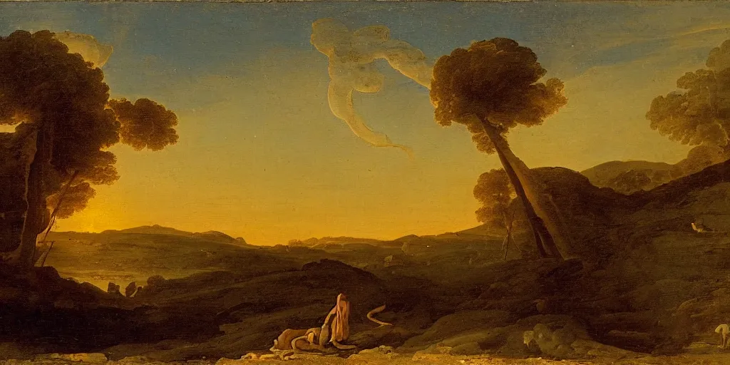 Image similar to where's wally at sunset in an exploding volcano seething, ethereal landscape, claude lorrain pastoral landscape