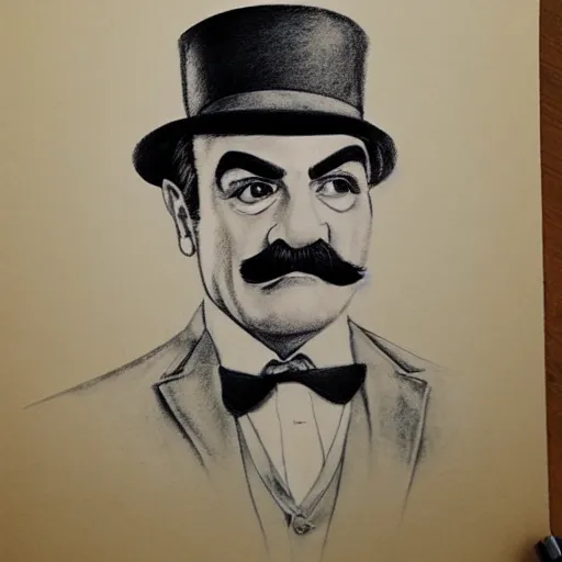 Image similar to pencil illustration of David suchet as hercule poirot, highly detailed, 8k, cinematic,