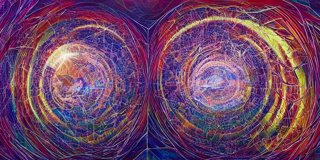 Image similar to dome syndrome is a mental projection of a self - contained vessel of light, constructed by one's own mental perceptions, however, this liberating space often turns out to be a limiting condition for exploring what truly lies beyond, volumetric lighting and shadows, concept art, biomechanical, realistic oil painting by alex grey