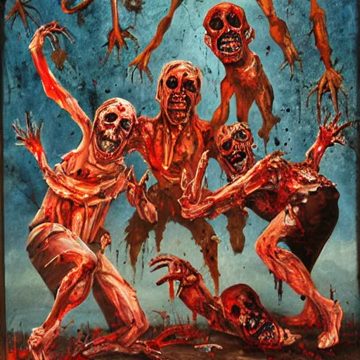 Image similar to A tumultuously horrific painting, with demonic figures and blood splattered everywhere, in a nightmarish style.