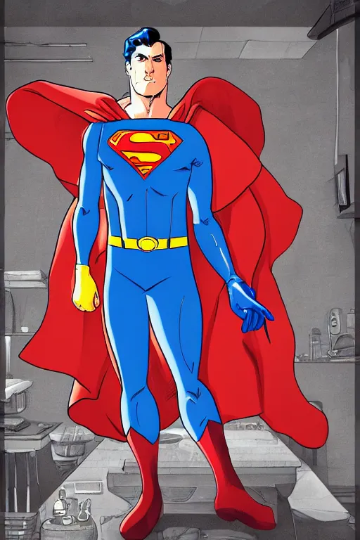 Prompt: superman wearing rubber gloves to clean kitchen, highly detailed, digital art, sharp focus, trending on art station, anime art style