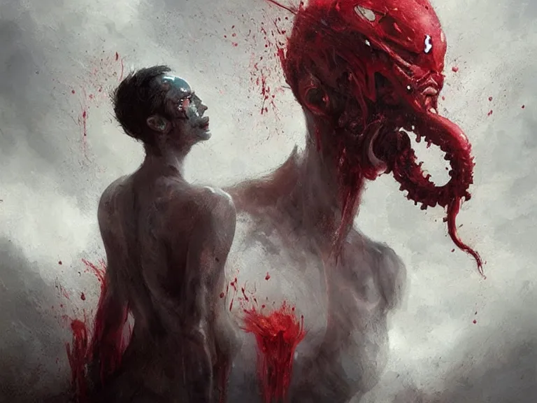 Image similar to painting by greg rutkowski a flying human head with tears running down it's face face that is chalk white in color, with long white!! tentacles!! coming out of the neck, fiery scorching red eyes, flying in a terrying hellish dark cavernous place