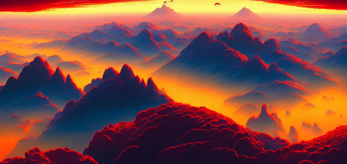 Prompt: symmetrical post - minimalism landscape of a magical city bird's eye view, golden clouds, mountain range, vibrant color scheme, highly detailed, in the style of romanticism, cinematic, artstation, moebius, greg rutkowski