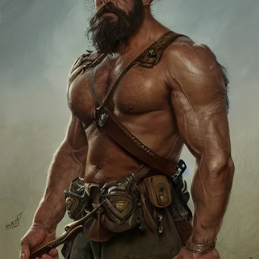 Image similar to portrait of a rugged ranger, muscular, upper body, hairy torso, d & d, fantasy, intricate, elegant, highly detailed, digital painting, artstation, concept art, smooth, sharp focus, illustration, art by artgerm and greg rutkowski and alphonse mucha