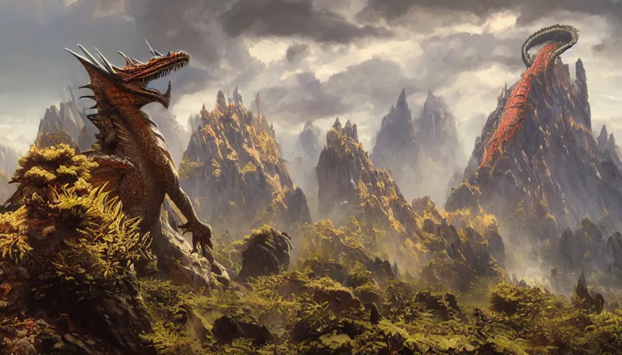Image similar to excellent painted dragon in a phantastic landscape under bright daylight with fluffy clouds, set in the world of Zendikar, painted by Hans Fredrik Gude, Greg Rutkowksi, Craig Mullins and Artgerm, concept art 2022, 4k, octane render