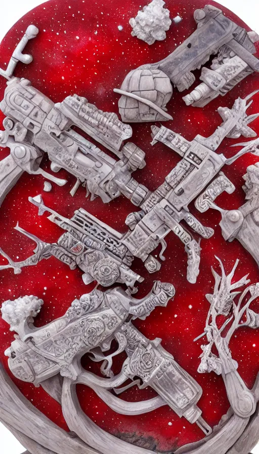 Image similar to the war multiverse, highly detailed carving on southern ice porcelain, partially red crystallized, guns, red nebulas, art gallery