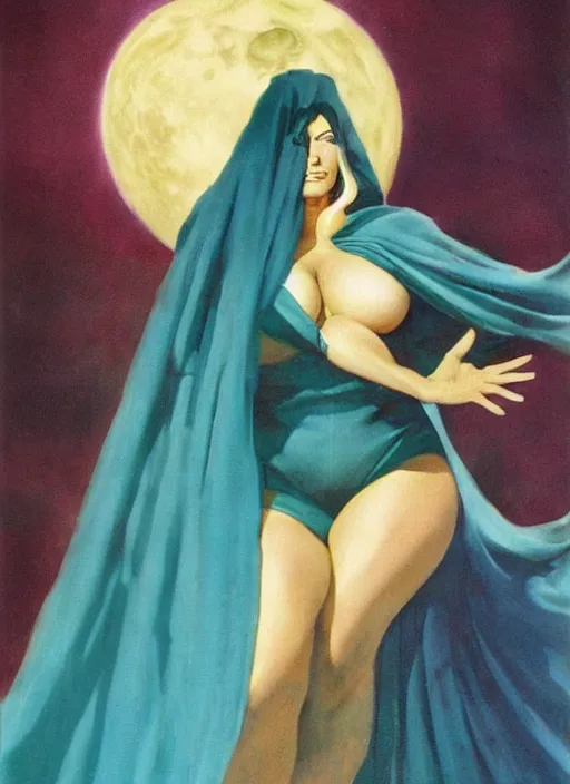 Image similar to portrait of plump norse goddess of the moon, teal robe and veil, strong line, deep color, beautiful! coherent! by frank frazetta, by boris vallejo