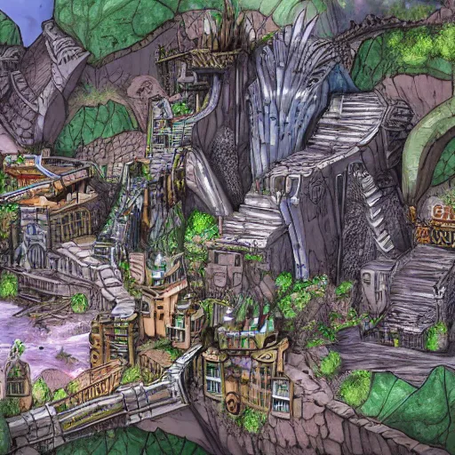 Prompt: fantasy stream punk city built into the side of a large mountain. high quality, detailed digital art