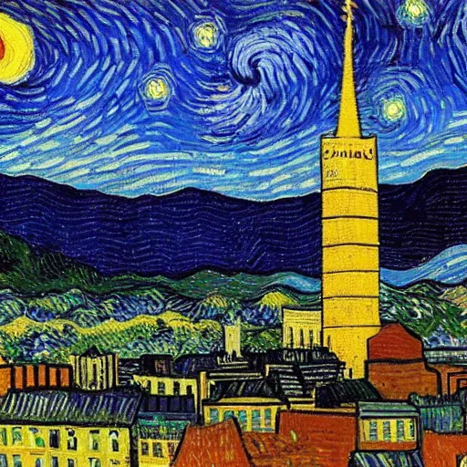 Image similar to asheville skyline in the style of starry night, by vincent van gogh