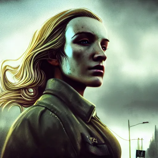 Image similar to fallout 5, charismatic beautiful rugged blonde female protagonist, portrait, outdoors ruined cityscape, atmospheric lighting, painted, intricate, volumetric lighting, beautiful, foggy, daytime, slight overcast weather, sharp focus, deep colours, ultra detailed, by leesha hannigan, ross tran, thierry doizon, kai carpenter, ignacio fernandez rios