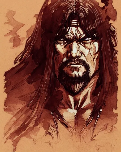 Image similar to portrait of conan the barbarian, concept art, sumi - e style, intricate linework, artstation, trending, highly detailed, smooth, focus, art by yoji shinkawa