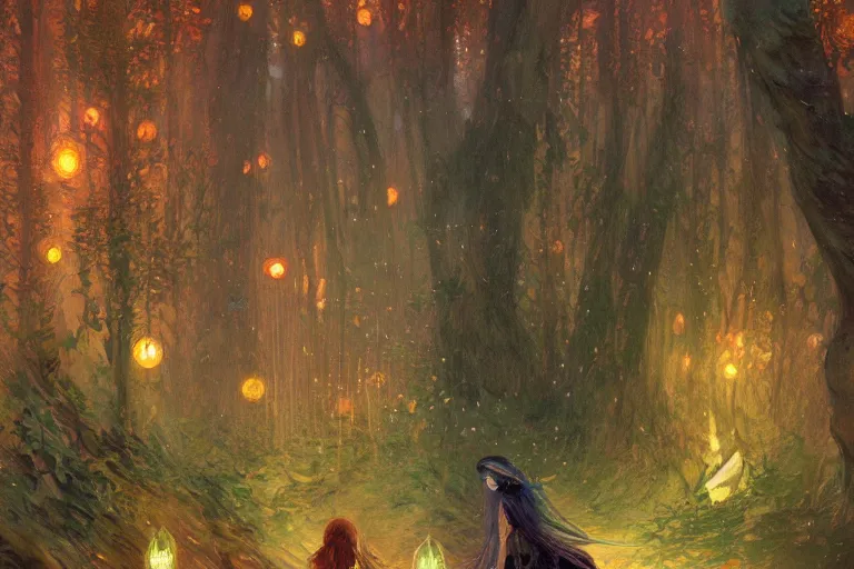 Image similar to a beautiful painting of rainy night forest of spirit, a fairy tale in fall, firefly, phosphorescent, shimmering and prismatic, rococo, by krenz cushart and mucha and monet, trending on artstation.