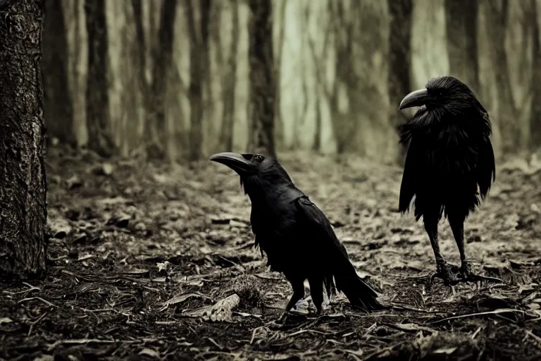 Image similar to werecreature consisting of a crow and a human, photograph captured in a dark forest