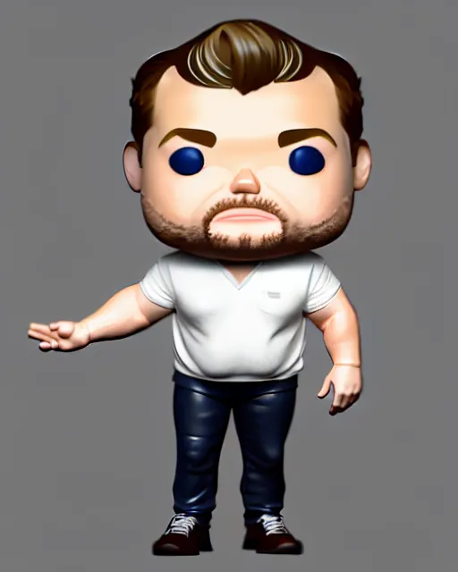 Prompt: full body 3d render of James Corden as a funko pop, studio lighting, white background, blender, trending on artstation, 8k, highly detailed , intricate details