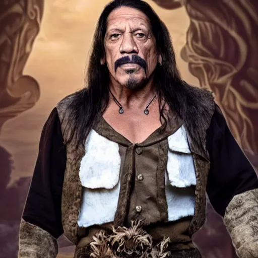 Image similar to danny trejo as snow-white i a magical forest