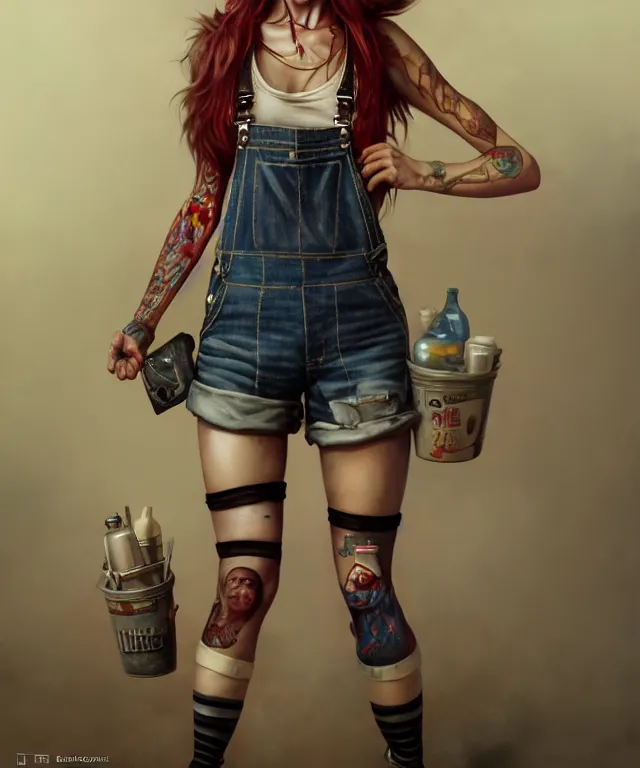 Prompt: full body pose, grungy alice, torn overalls, short shorts, combat boots, fishnets, beautiful, highly detailed face, true anatomy!, extremely detailed!, digital painting, unreal engine 5, art by tom bagshaw