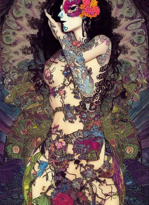 Prompt: cute punk goth fashion fractal Día de los Muertos tattooed girl posing in goth outfit by Zhang Jingna, psychedelic poster art of by Victor Moscoso Rick Griffin Alphonse Mucha Gustav Klimt Ayami Kojima Amano Charlie Bowater, masterpiece