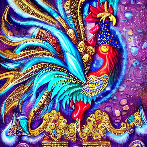 Image similar to fantasy art ultra detailed of the most bedazzled rooster king in all it's glory