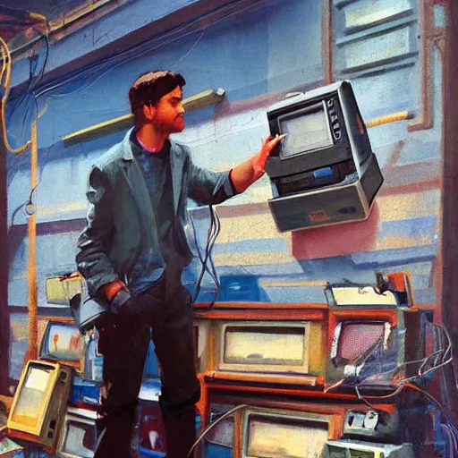 Image similar to greg manchess painting of a trash panda character, holding a box of cables and standing next to old electronic equiptment, medium shot, asymmetrical, profile picture, organic painting, sunny day, matte painting, bold shapes, hard edges, street art, trending on artstation, by huang guangjian and gil elvgren and sachin teng