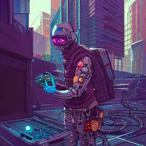 Image similar to A cyberpunk fish cyborg eats on the street of a cyberpunk city art by Josan Gonzalez, sci-fi, highly detailed, digital painting, artstation, smooth, sharp focus, illustration, concept art by Josan Gonzalez and James Gurney and Mœbius