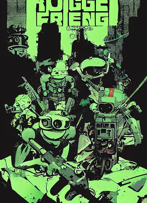 Prompt: frogfighter cover art by jamie hewlett and ashley wood, digital art, neonpunk