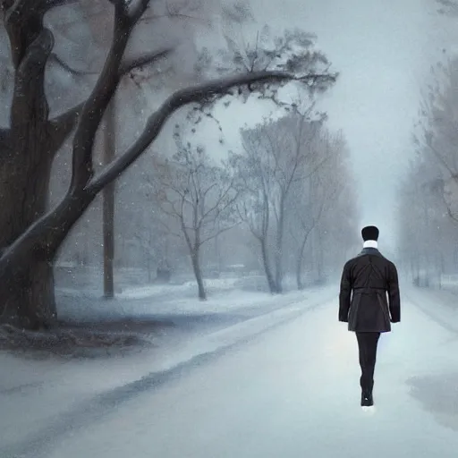 Image similar to beautiful snow - covered korean young man posing on road in park with pines, dressed in leather coat, night, 1 9 8 0 s haircut, half - length portrait, perfect symmetrical eyes, cinematic by peter mohrbacher, detailed, hyperrealism