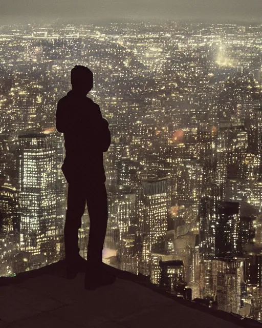 Prompt: a night rooftop scene, light from traffic in the city below, close up shot of a gangster wearing a streetwear trench coat looking at the city below, in the style of Makoto Shinkai