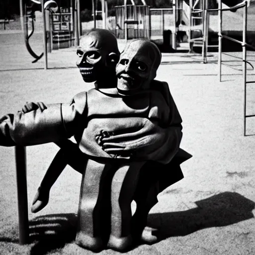 Prompt: a scary demon hugging robert johnson at a mcdonald's playground, photograph