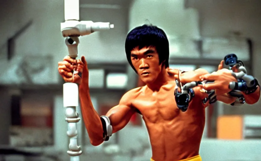 Image similar to 7 0 s movie still of bruce lee with mechanical robotic arms, kodachrome, cinecolor, cinestill, highly detailed, photorealistic, cinematic, film grain,