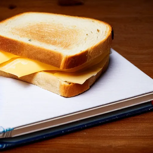 Image similar to a ham and cheese sandwich on bunny bread, sitting on a thick old book. high definition photograph