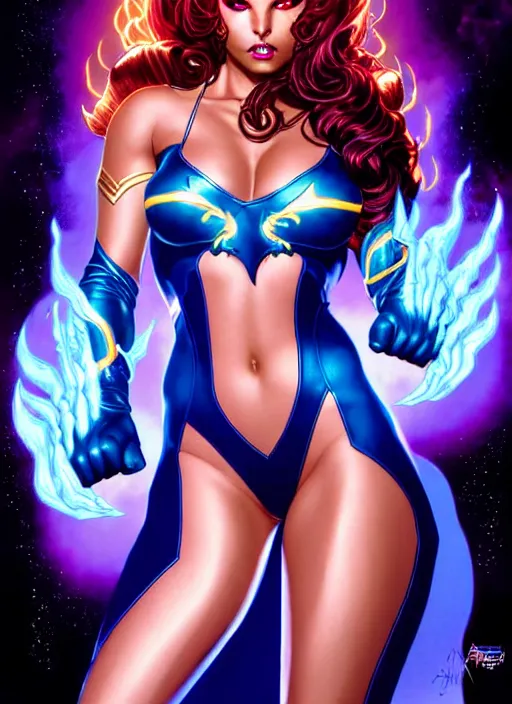 Image similar to front portrait hands behinds pose of attractive Starfire with wavy hair using white gloves, hands behind her pose!, Intricate overlay flames imagery , D&D!, fantasy style, sharp focus!, ultra detailed, art by Artgerm and Peter Andrew Jones, WLUP