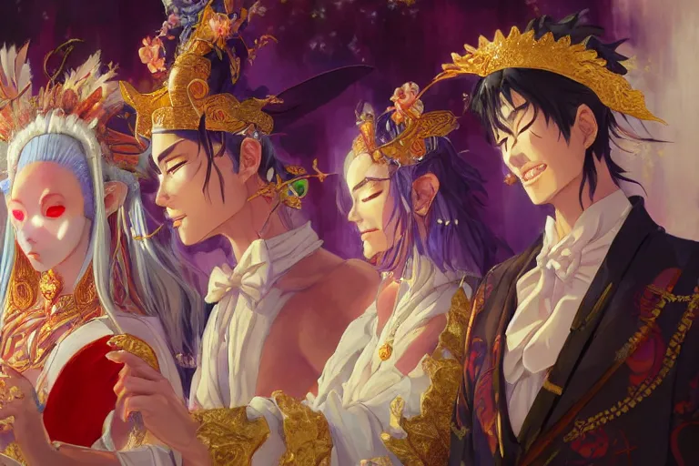 Image similar to close up moment of a divine a japan sun god and a moon goddess lovers magician at a wedding banquet, highly detailed, d & d, fantasy, 4 k realistic, digital painting, trending on artstation, concept art, sharp focus, illustration, art by makoto shinkai and akihiko yoshida and daniel gerhartz