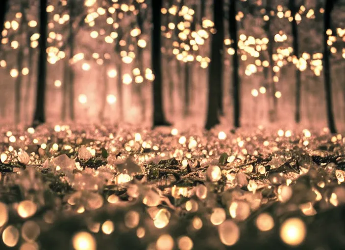Image similar to a magical forest with crystal flowers that glow in the dusk, close up, bokeh,