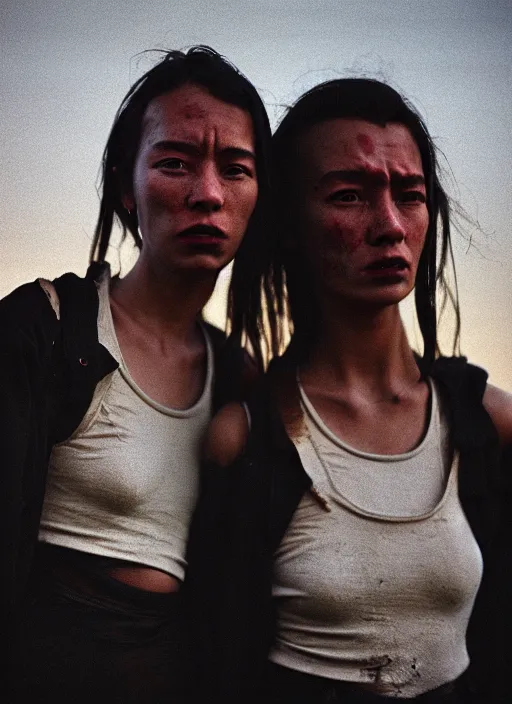 Image similar to cinestill 5 0 d photographic portrait of two loving clones, women wearing rugged black techwear on a desolate plain with a red sky, extreme closeup, diverse species, cyberpunk, in front of a brutalist dark metal facility, dust storm, 3 5 mm, 8 k, f / 3 2, high resolution, ultra realistic faces, beautiful faces