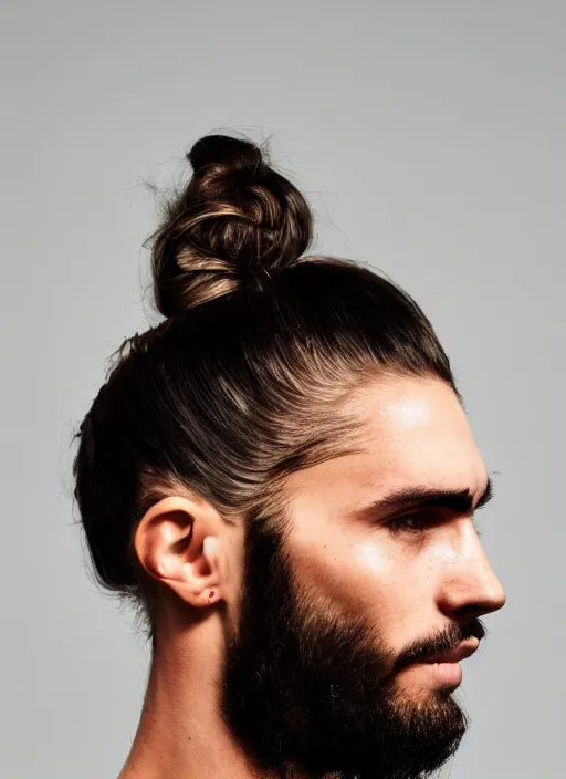 Image similar to a skinny young white male with a dark brown man bun for hair, no facial hair
