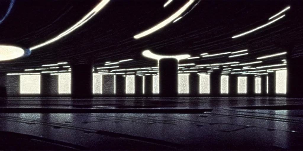 Prompt: interior shot of a space port at night, retro punk, cinematography by Jim Jarmusch, composition by Hale Woodruff,in the style of robert doisneau, soundtrack by Aphex Twin, background by Moebius.