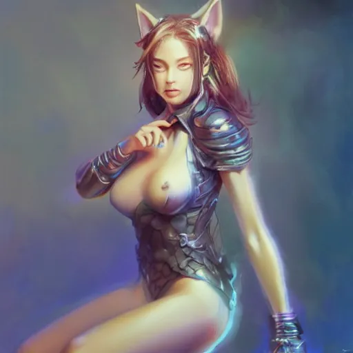 Image similar to catgirl fantasy, hd, volumetric lighting, 4 k, intricate detail, by jesper ejsing, irakli nadar