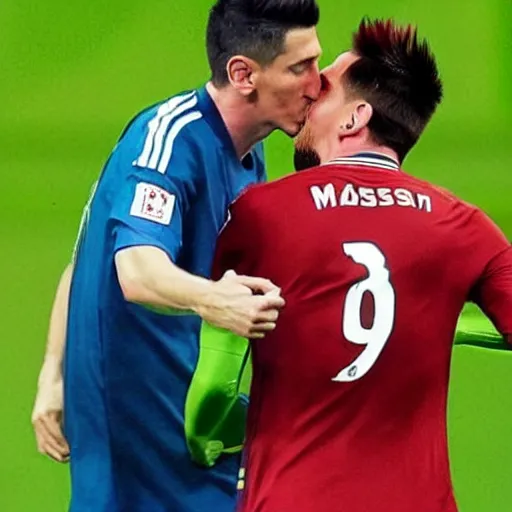 Prompt: Lewandowski and Messi kissing