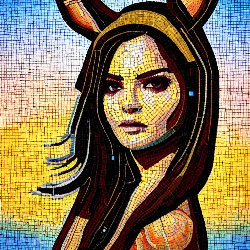 Image similar to mosaic portrait of a beautiful cute girl with robot ears, 4k, intricate details, digital, sun in the background