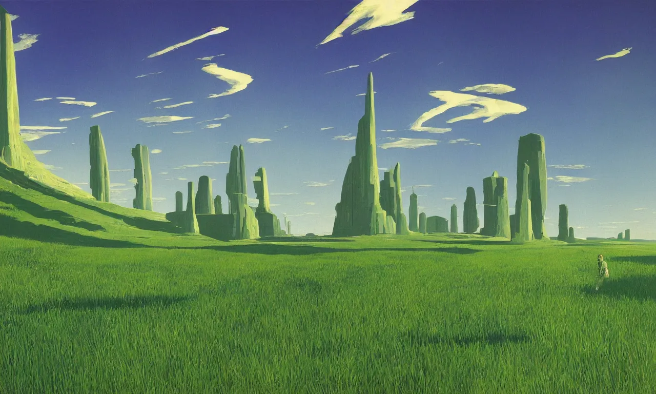 Prompt: Green grasslands with scientific monoliths in them by Syd Mead, Federico Pelat